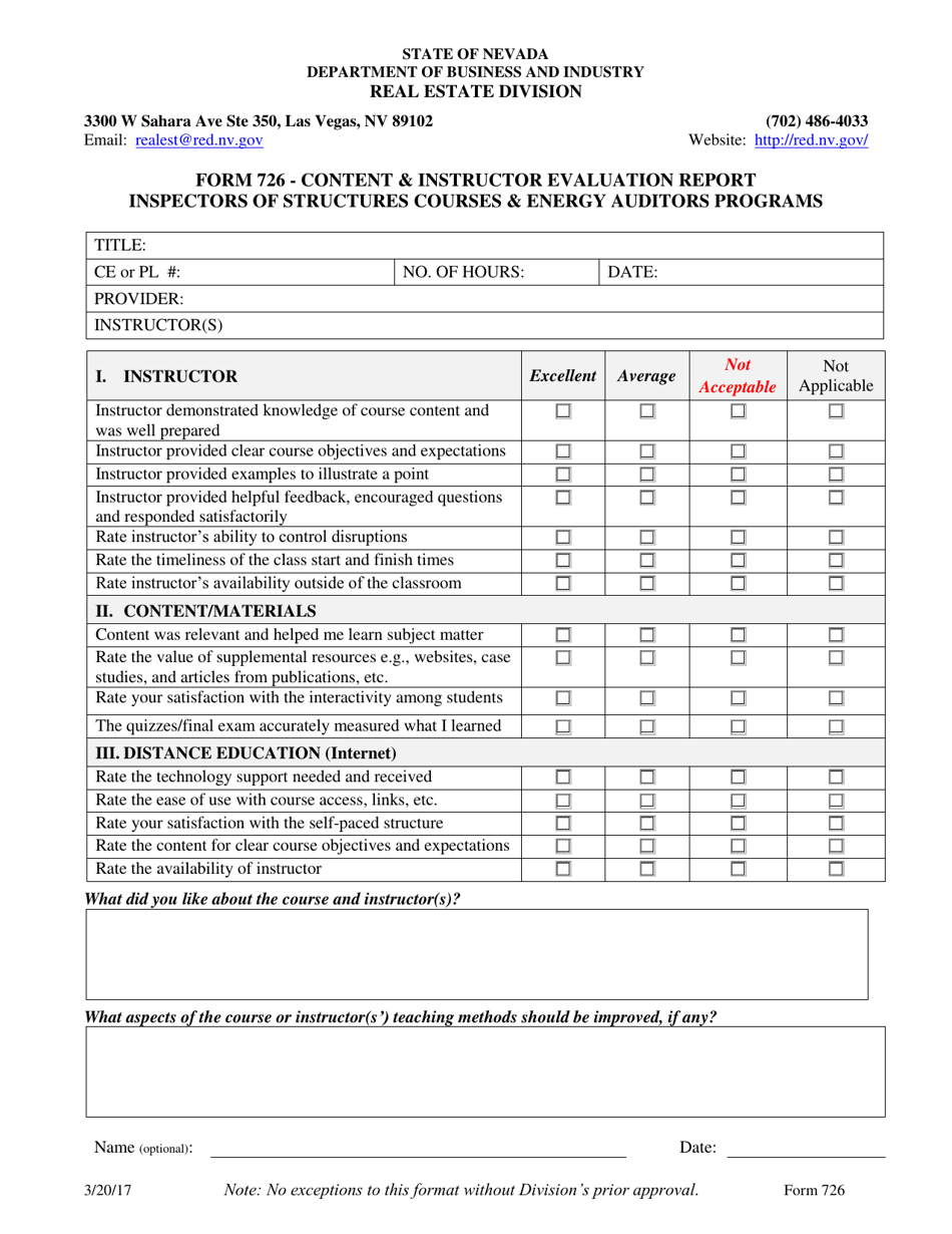Form 726 Content  Instructor Evaluation Report - Inspectors of Structures Courses  Energy Auditors Programs - Nevada, Page 1