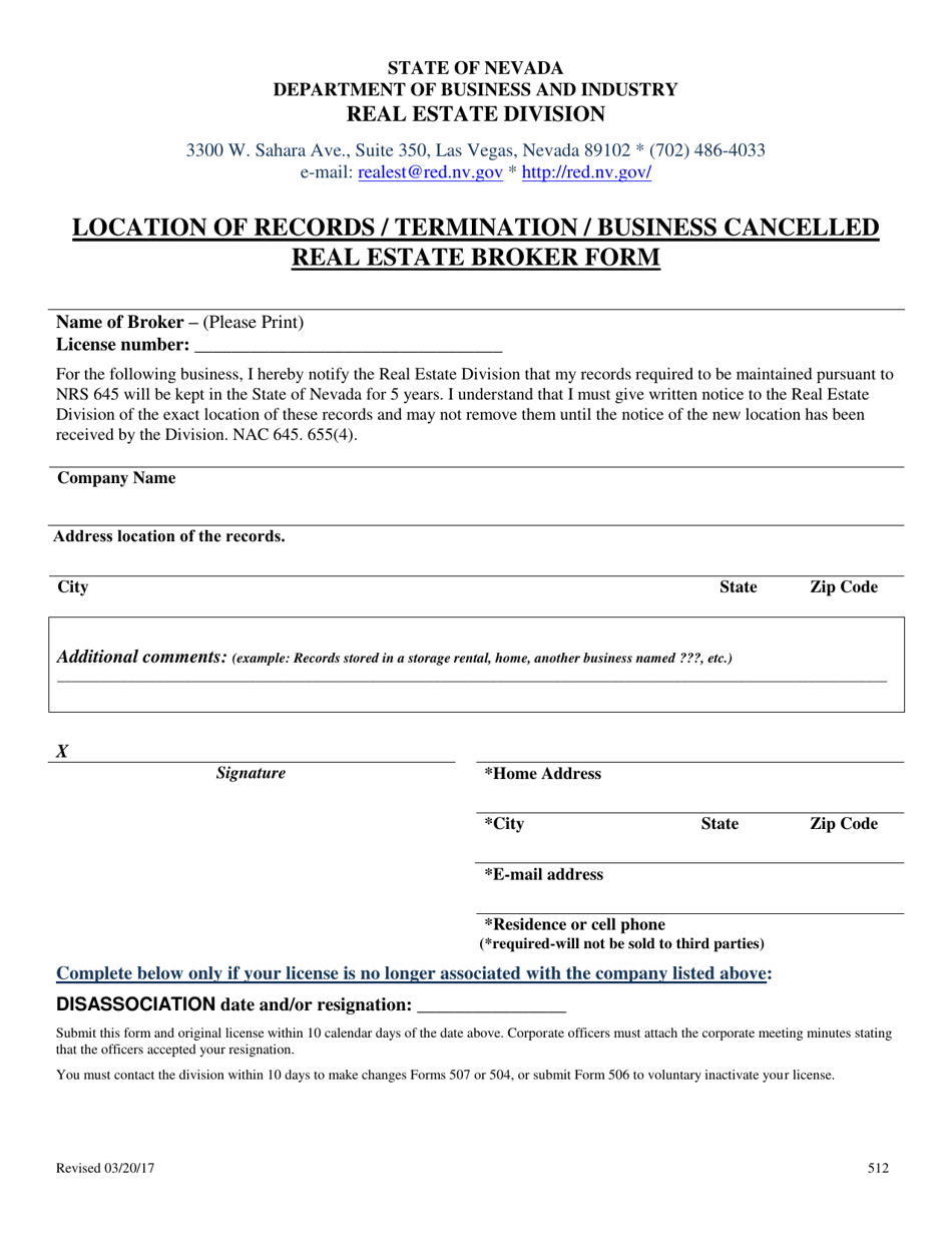 Nevada Location of Records/Termination/Business Cancelled Real Estate