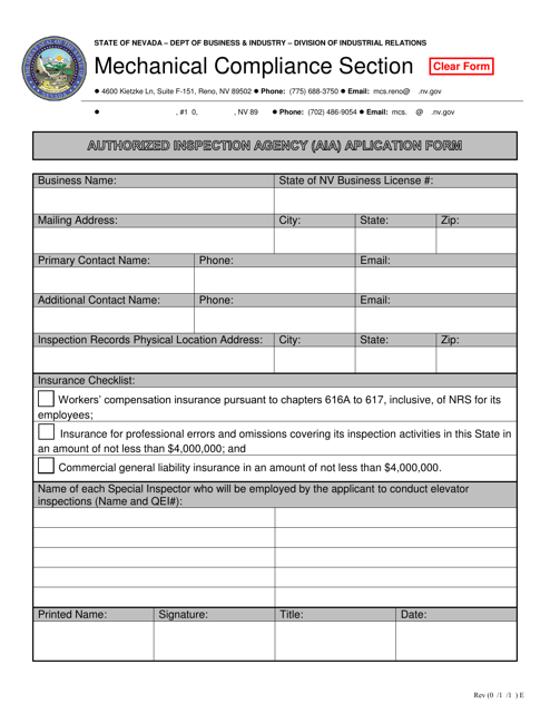 Authorized Inspection Agency (Aia) Application Form - Nevada Download Pdf