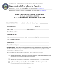 Document preview: Application for Issuance or Renewal of Id Card or Work Card for Elevator Mechanic, Apprentice, or Helper - Nevada
