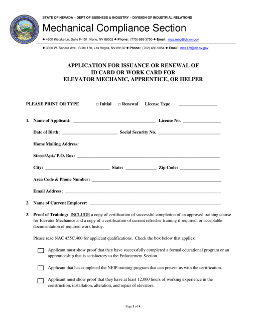 Application for Issuance or Renewal of Id Card or Work Card for Elevator Mechanic, Apprentice, or Helper - Nevada Download Pdf