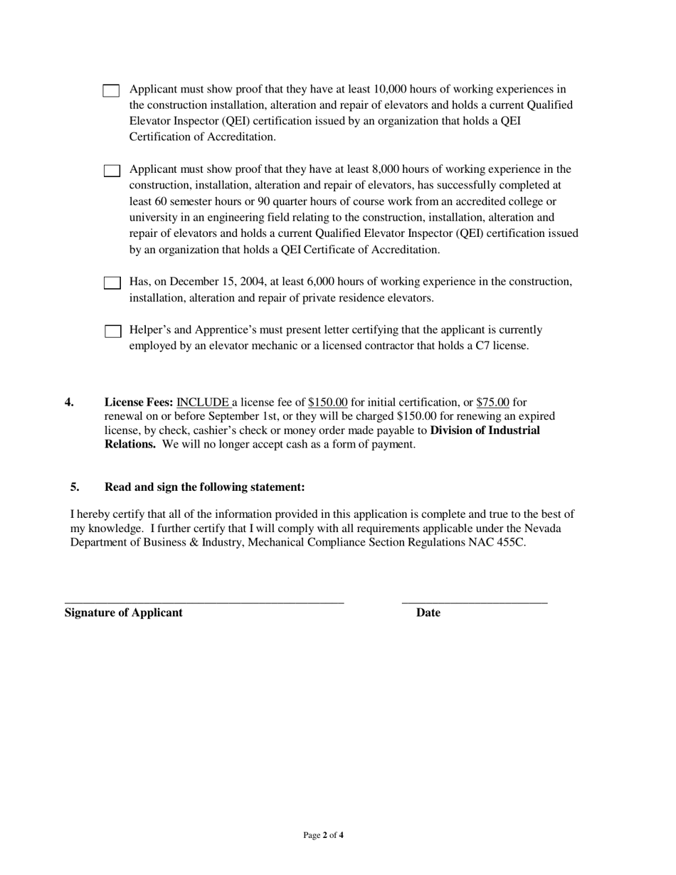 Application for Issuance or Renewal of Id Card or Work Card for Elevator Mechanic, Apprentice, or Helper - Nevada, Page 2