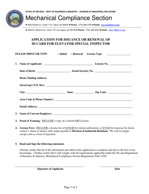 Application for Issuance or Renewal of Id Card for Elevator Special Inspector - Nevada Download Pdf