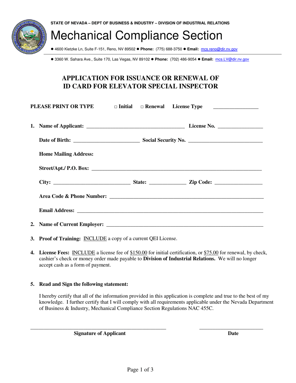 Application for Issuance or Renewal of Id Card for Elevator Special Inspector - Nevada, Page 1