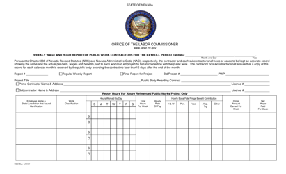 Weekly Wage and Hour Report of Public Work Contractors for the Payroll Period - Nevada