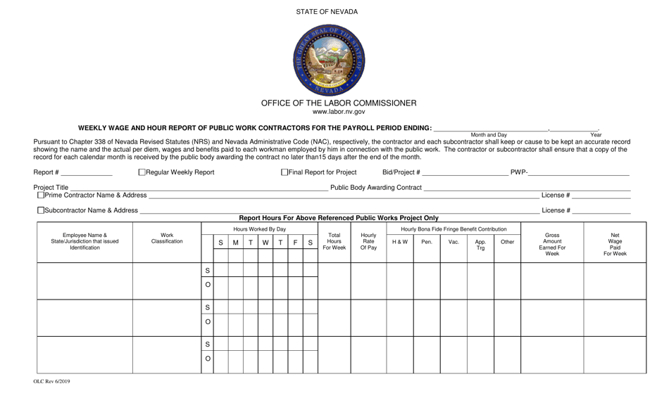 Weekly Wage and Hour Report of Public Work Contractors for the Payroll Period - Nevada, Page 1