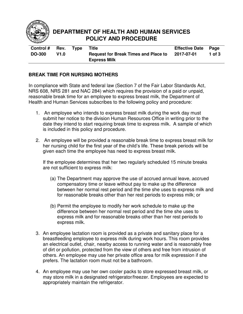 Dhhs Notice of Intent Regarding Break Times and Place to Express Milk - Nevada, Page 1
