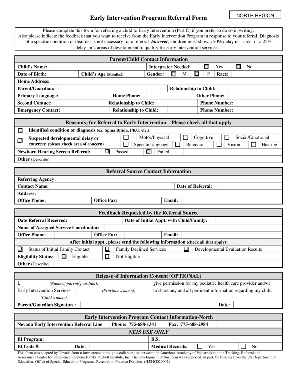 Early Intervention Program Referral Form - Northern Region - Nevada, Page 1