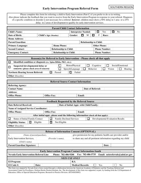Early Intervention Program Referral Form - Southern Region - Nevada Download Pdf
