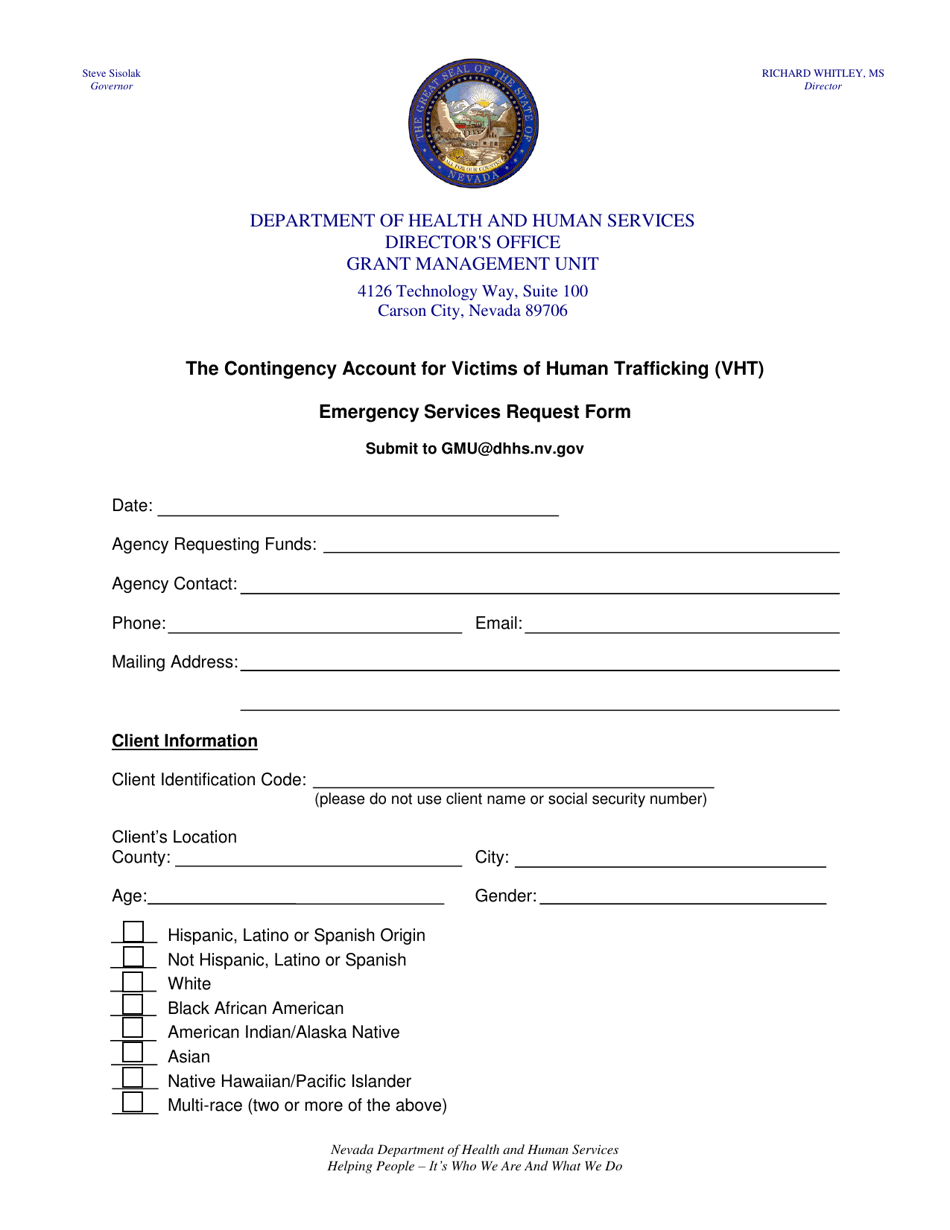 The Contingency Account for Victims of Human Trafficking (Vht) Emergency Services Request Form - Nevada, Page 1