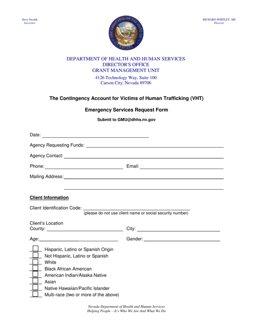 The Contingency Account for Victims of Human Trafficking (Vht) Emergency Services Request Form - Nevada Download Pdf