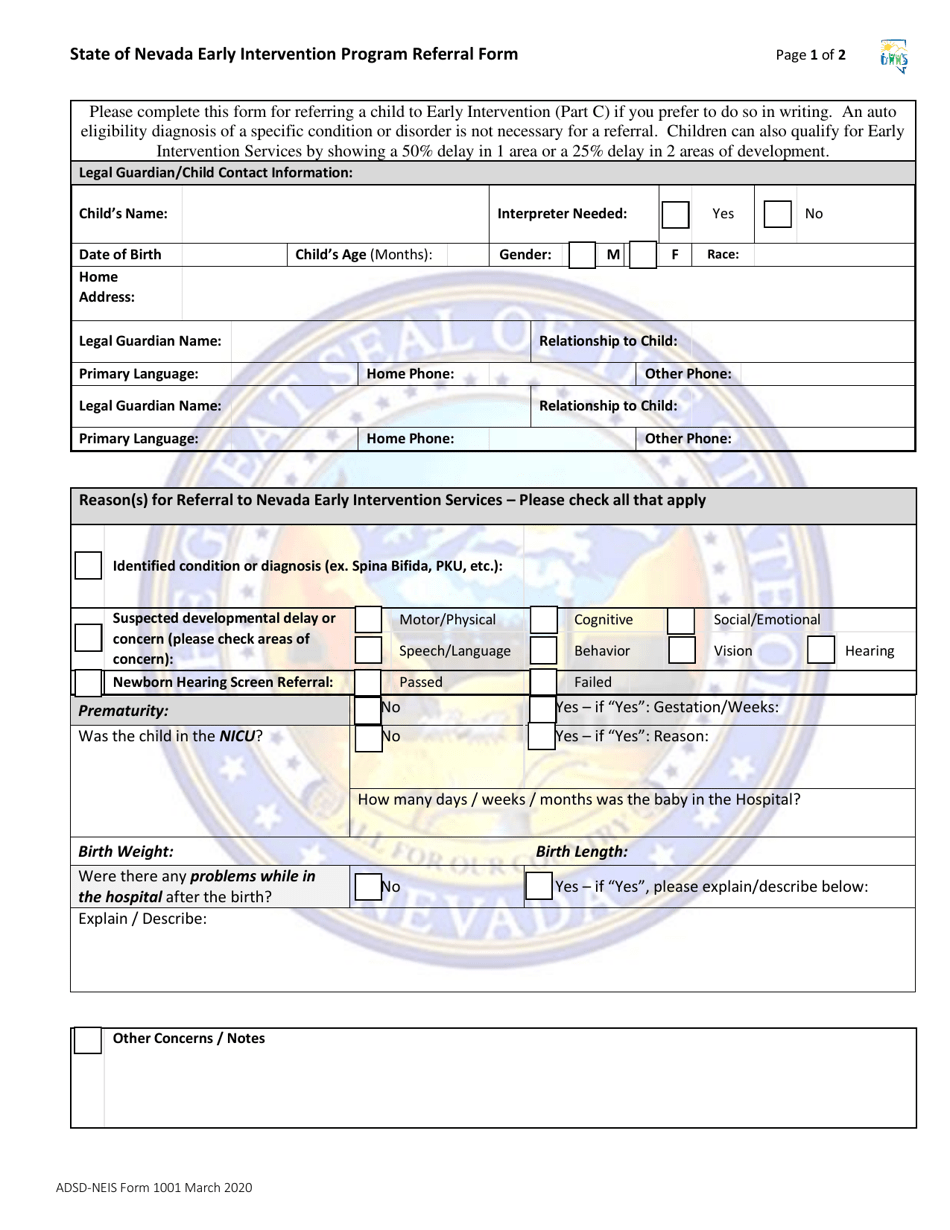 ADSD-NEIS Form 1001 State of Nevada Early Intervention Program Referral Form - Nevada, Page 1