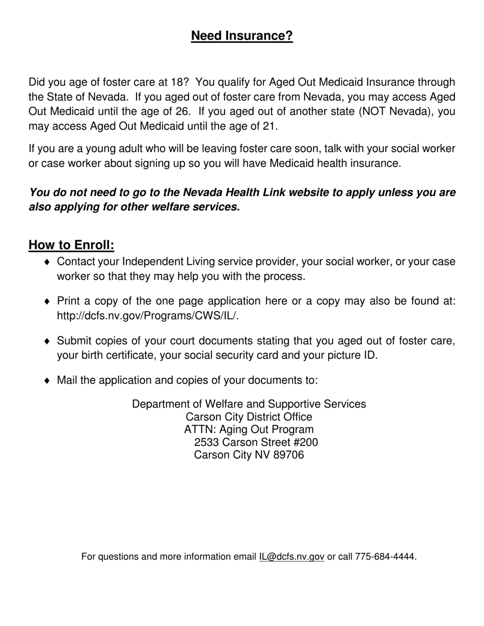 Medicaid Application - Aged out Foster Care - Nevada, Page 1