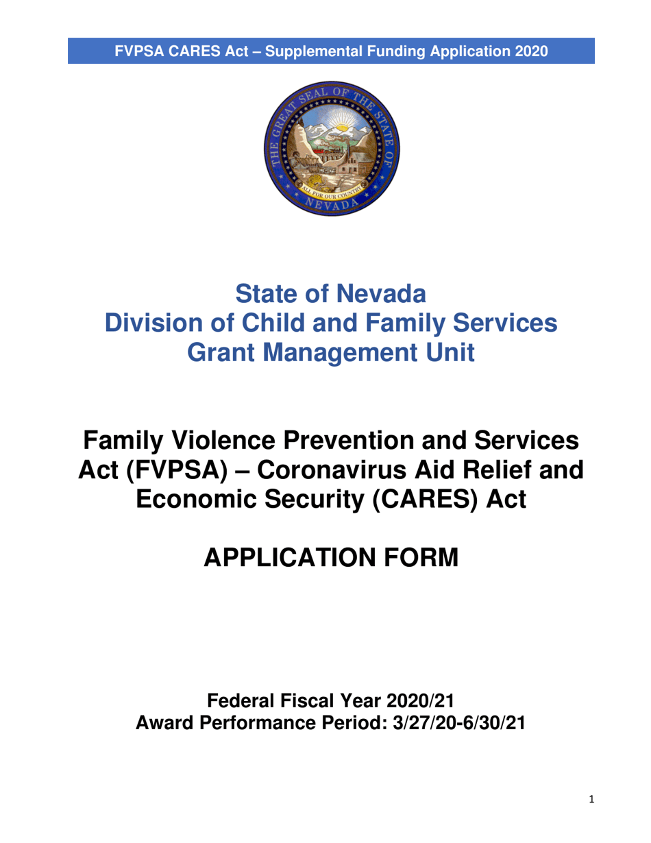 Family Violence Prevention and Services Act (Fvpsa) - Coronavirus Aid Relief and Economic Security (Cares) Act Application Form - Nevada, Page 1
