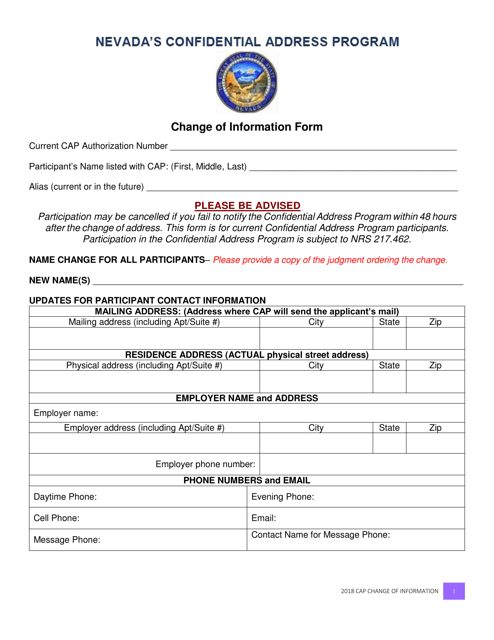 Nevada's Confidential Address Program Change of Information Form - Nevada Download Pdf