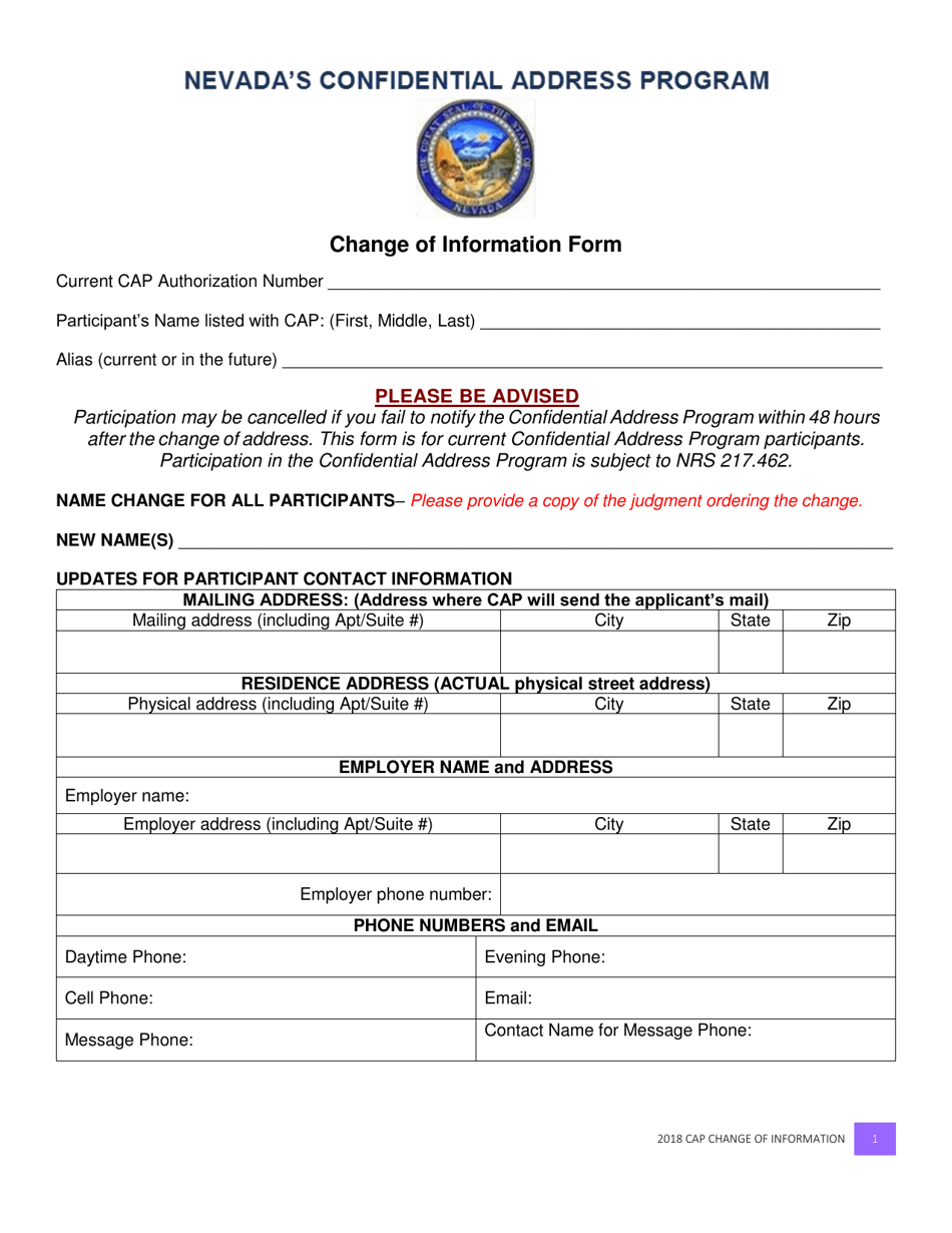 Nevada Nevada's Confidential Address Program Change of Information Form ...
