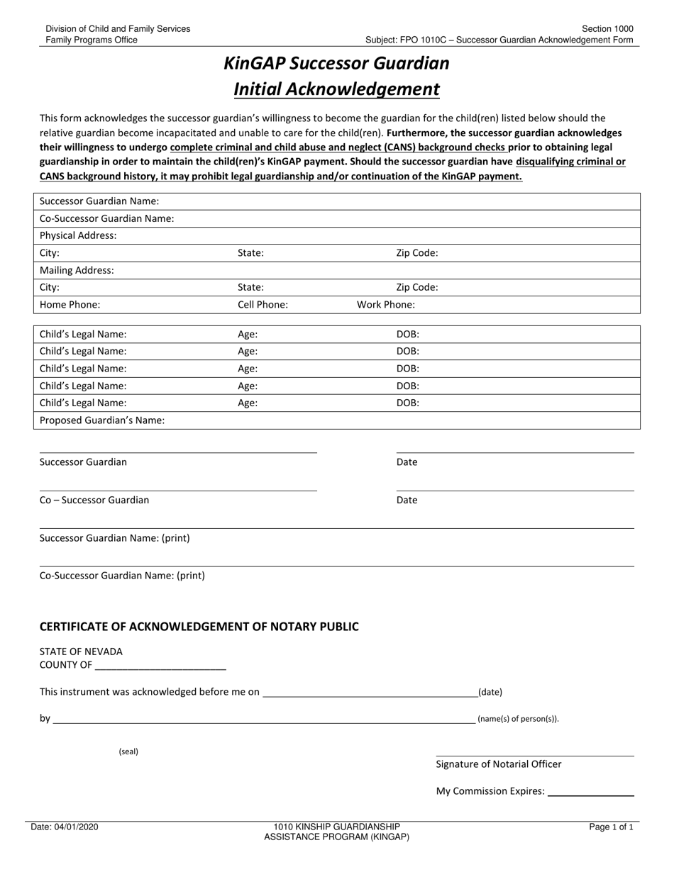 Form FPO1010C Kingap Successor Guardian Initial Acknowledgement - Nevada, Page 1