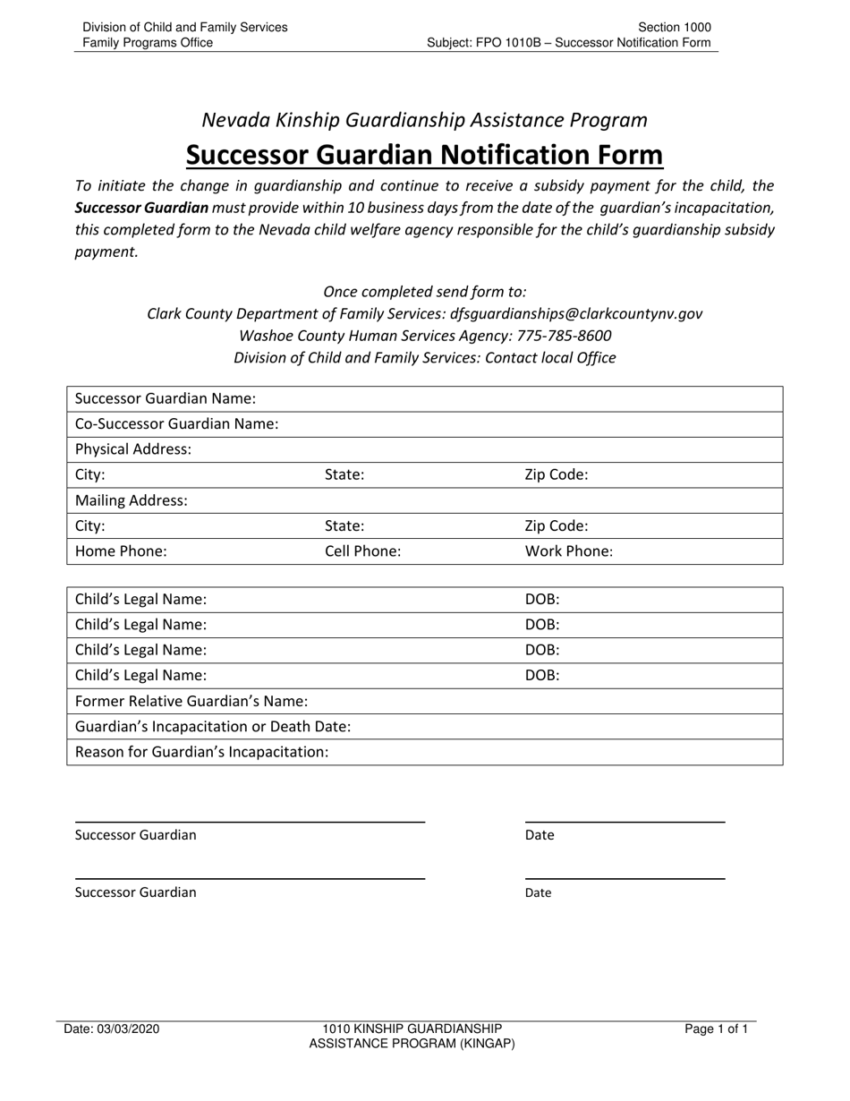 Form FPO1010B Successor Guardian Notification Form - Nevada, Page 1