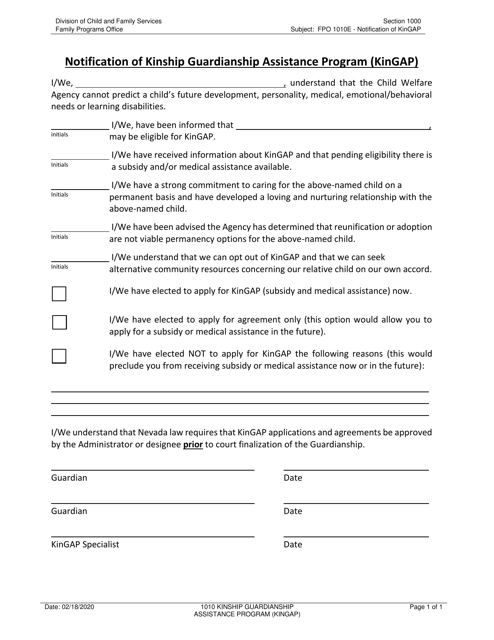 Form FPO1010E Notification of Kinship Guardianship Assistance Program (Kingap) - Nevada