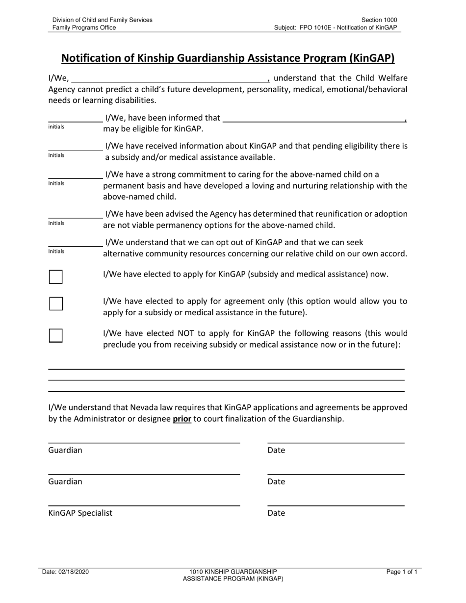 Form FPO1010E Notification of Kinship Guardianship Assistance Program (Kingap) - Nevada, Page 1