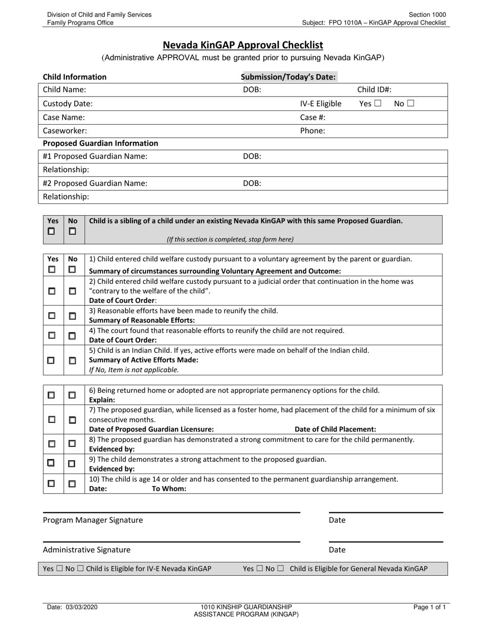 Form FPO1010A Nevada Kingap Approval Checklist - Nevada, Page 1