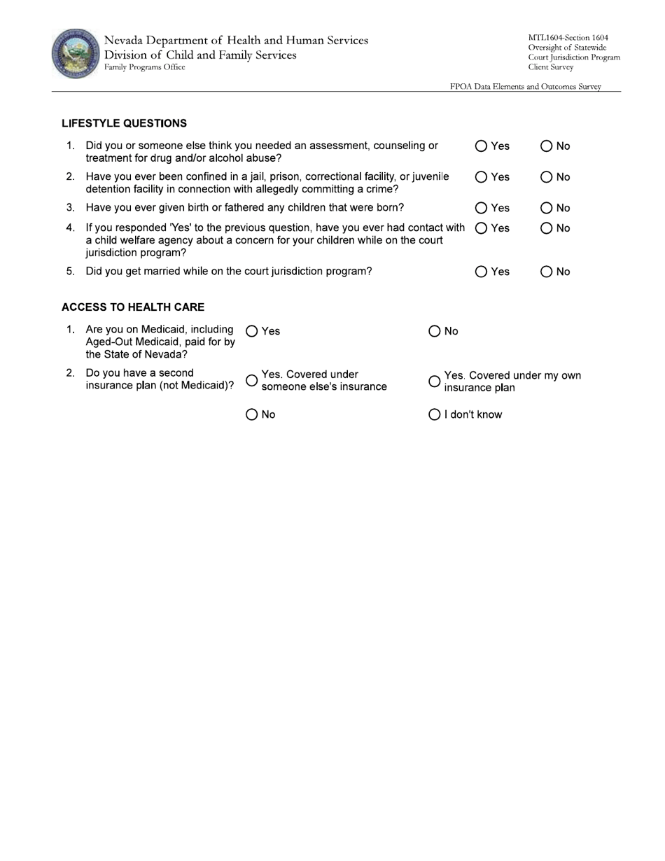 Form MTL1604A Fpoa Data Elements and Outcomes Survey - Nevada, Page 3