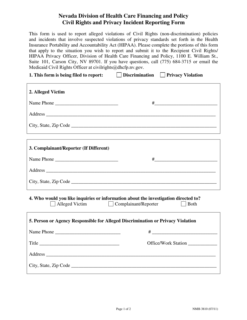 Form NMH-3810 Civil Rights and Privacy Incident Reporting Form - Nevada, Page 1