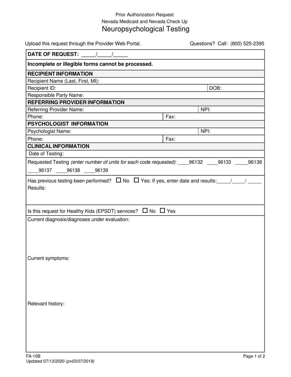 Form FA-10B Neuropsychological Testing - Nevada, Page 1