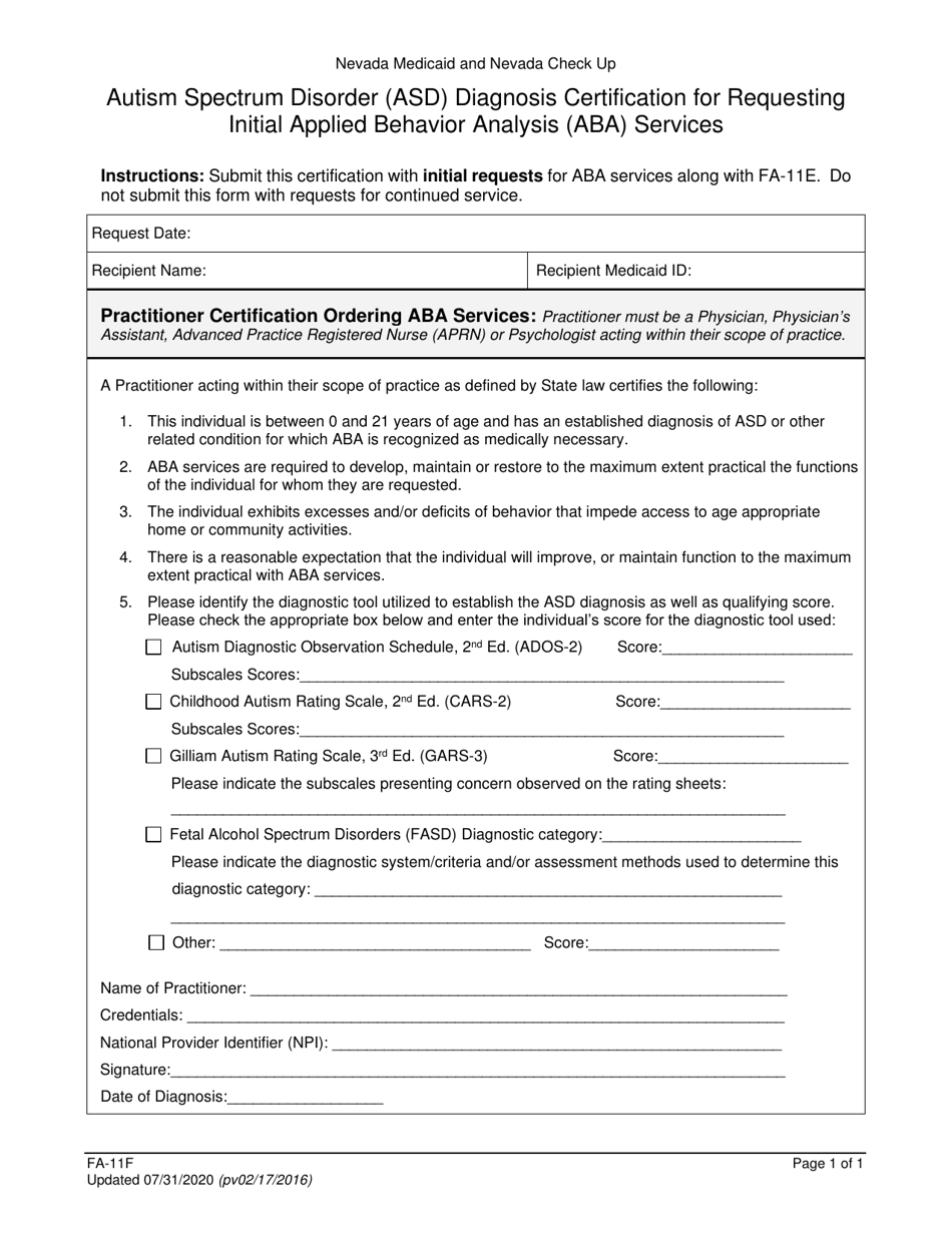 Form FA-11F Autism Spectrum Disorder (Asd) Diagnosis Certification for Requesting Initial Applied Behavior Analysis (Aba) Services - Nevada, Page 1