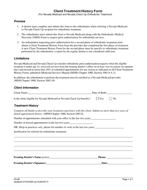 Form FA-26 Client Treatment History Form (For Nevada Medicaid and Nevada Check up Orthodontic Treatment) - Nevada