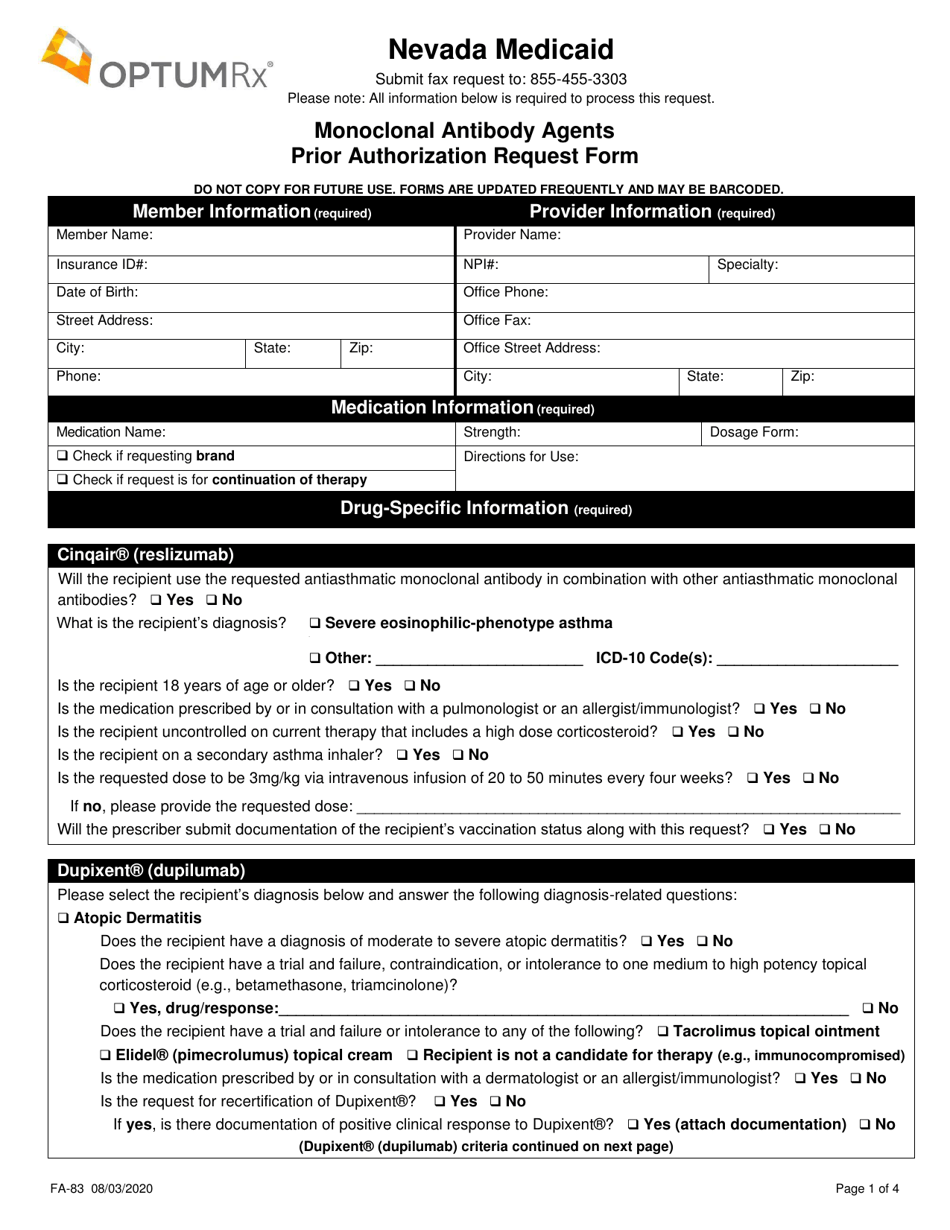 Form FA-83 Monoclonal Antibody Agents Prior Authorization Request Form - Nevada, Page 1