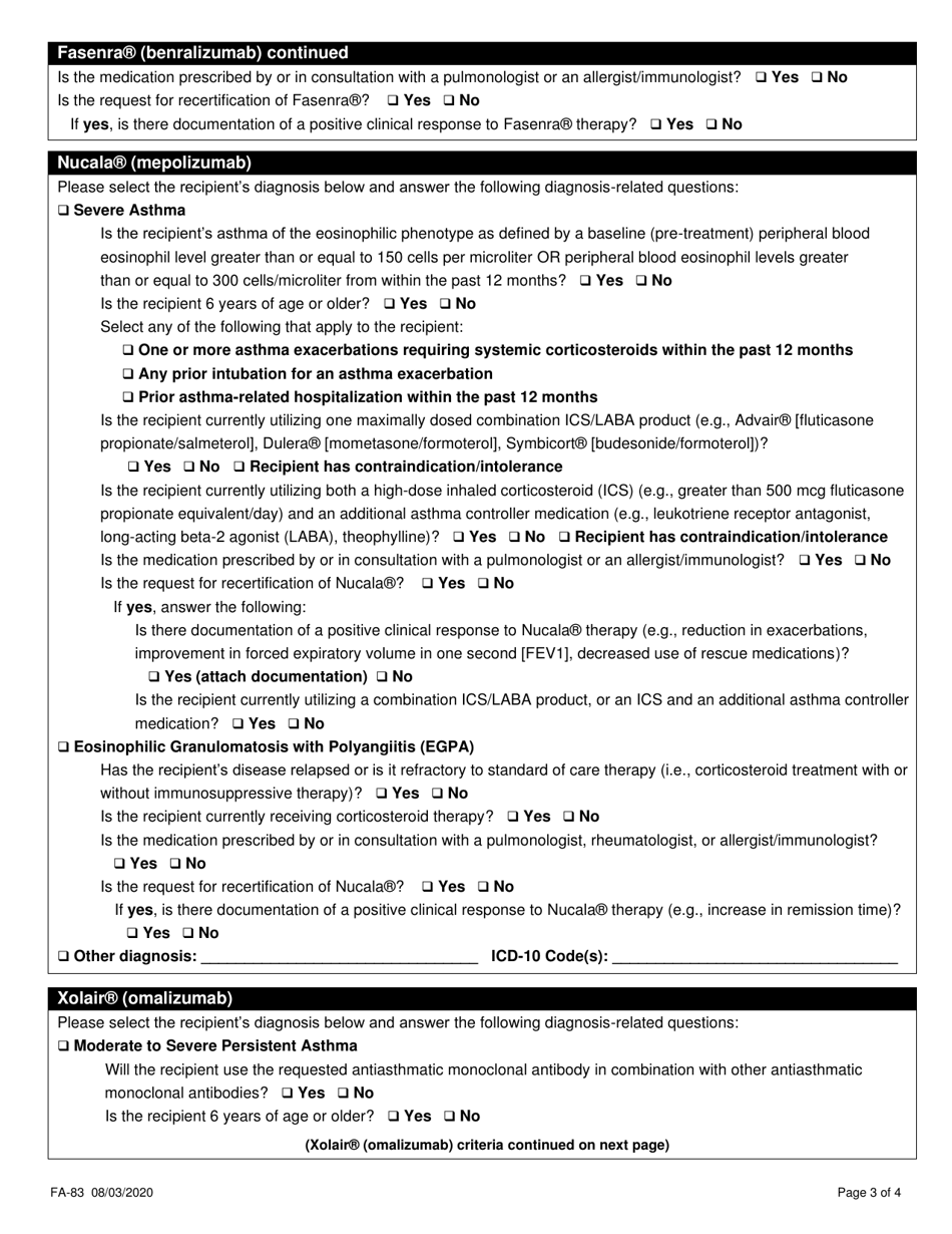 Form FA-83 Monoclonal Antibody Agents Prior Authorization Request Form - Nevada, Page 3