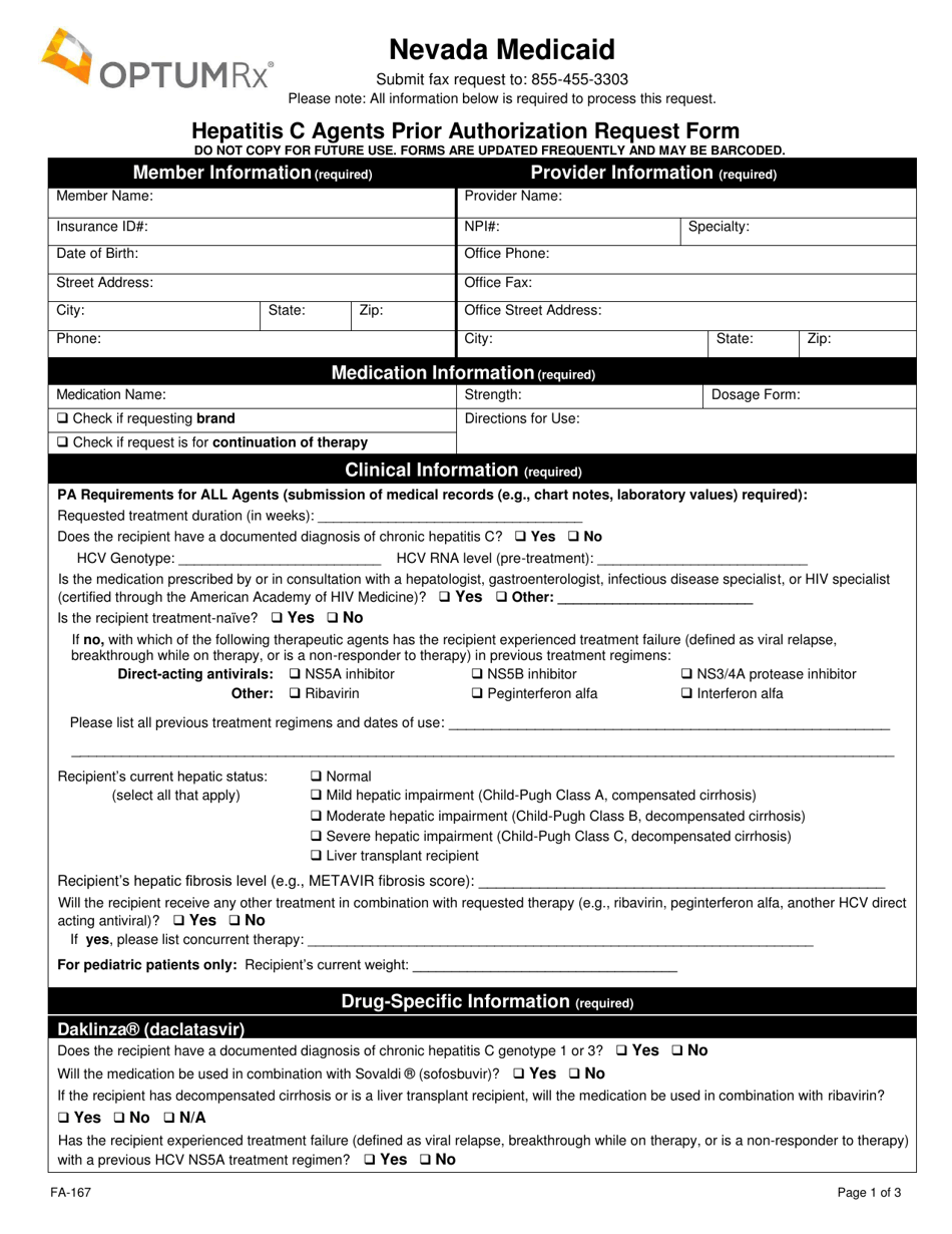 Form FA-167 Hepatitis C Agents Prior Authorization Request Form - Nevada, Page 1