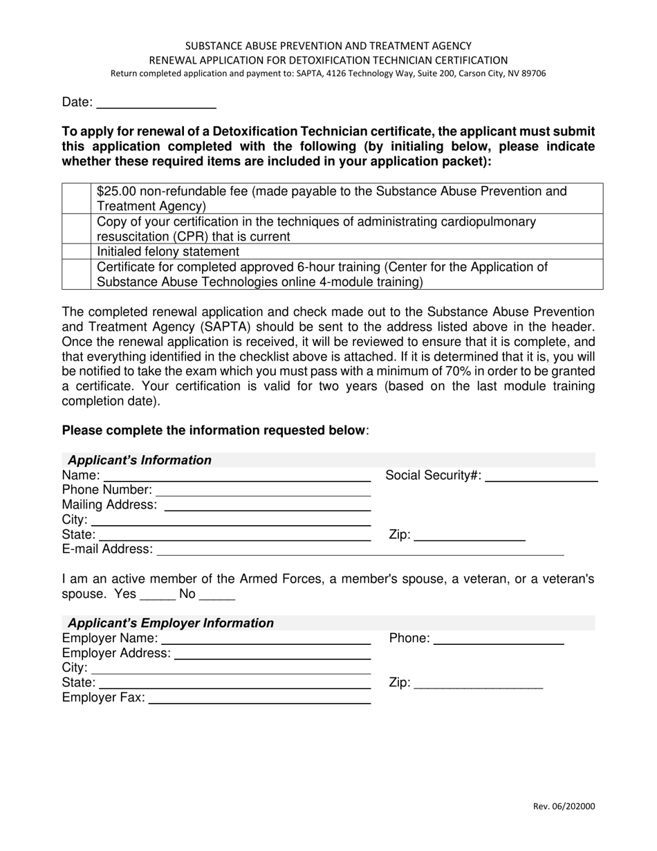 Renewal Application for Detoxification Technician Certification - Nevada, Page 1
