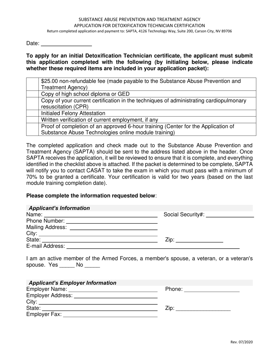 Application for Detoxification Technician Certification - Nevada, Page 1