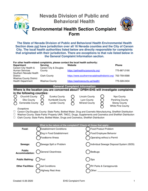 Environmental Health Section Complaint Form - Nevada Download Pdf