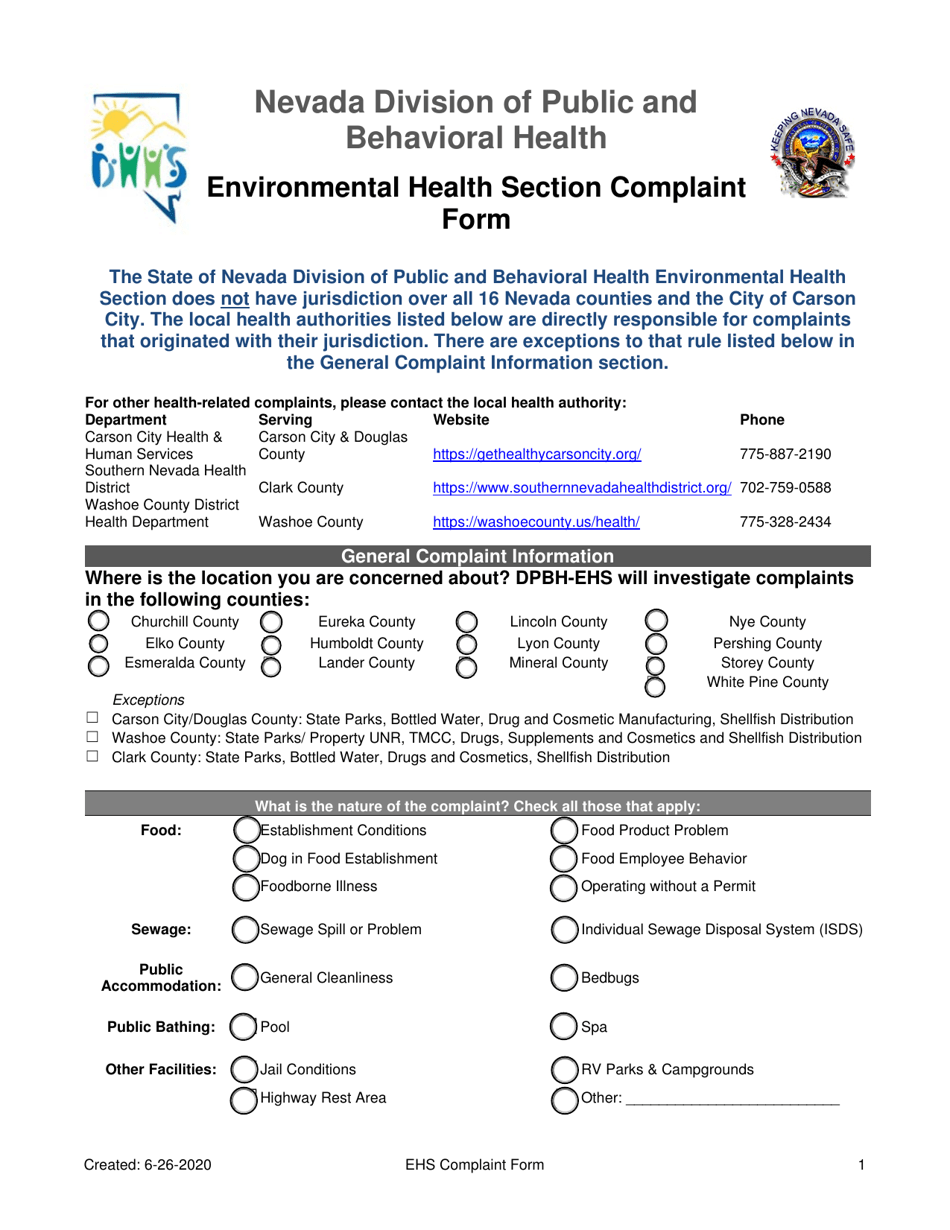 Environmental Health Section Complaint Form - Nevada, Page 1