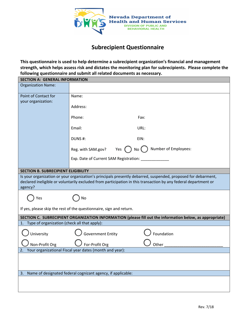 Subrecipient Questionnaire - Nevada, Page 1