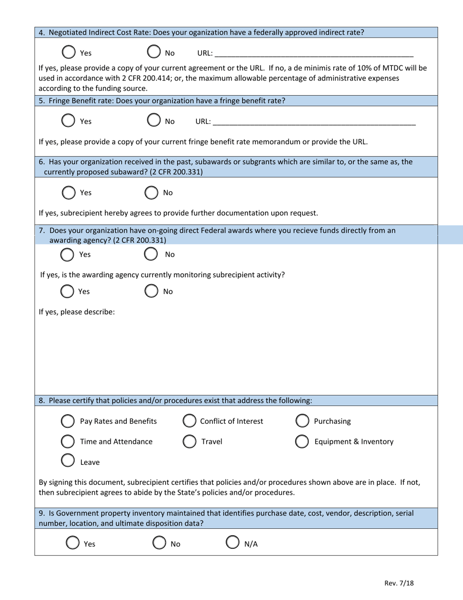 Subrecipient Questionnaire - Nevada, Page 2