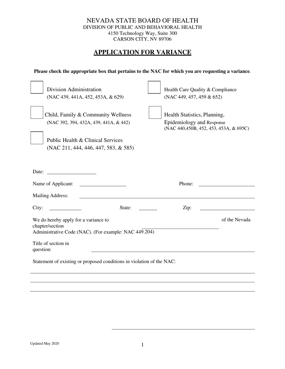 Application for Variance - Nevada, Page 1