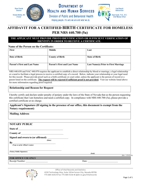Affidavit for a Certified Birth Certificate for Homeless Per Nrs 440.700 (5a) - Nevada Download Pdf