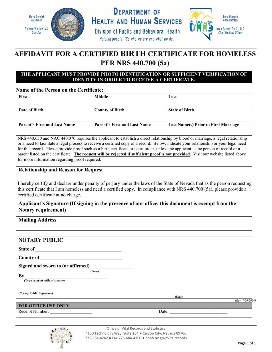 Affidavit for a Certified Birth Certificate for Homeless Per Nrs 440.700 (5a) - Nevada, Page 1