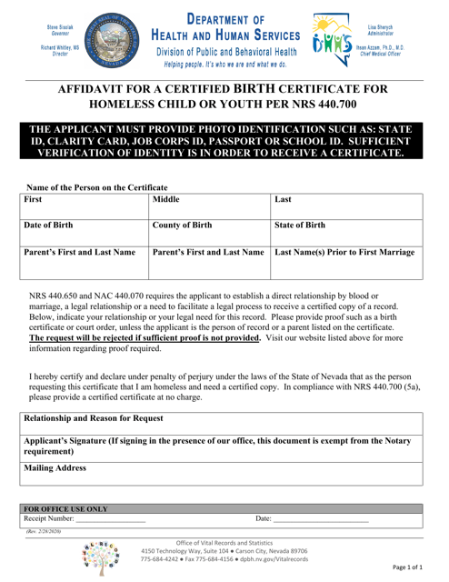 Affidavit for a Certified Birth Certificate for Homeless Child or Youth Per Nrs 440.700 - Nevada Download Pdf