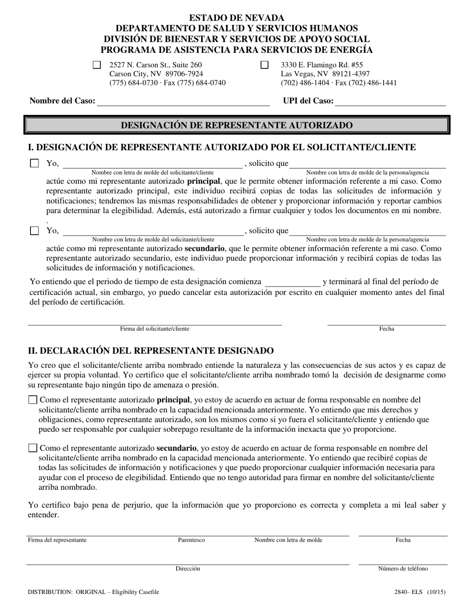 Formulario 2840-ELS Designacion De Representante Autorizado - Nevada (Spanish), Page 1