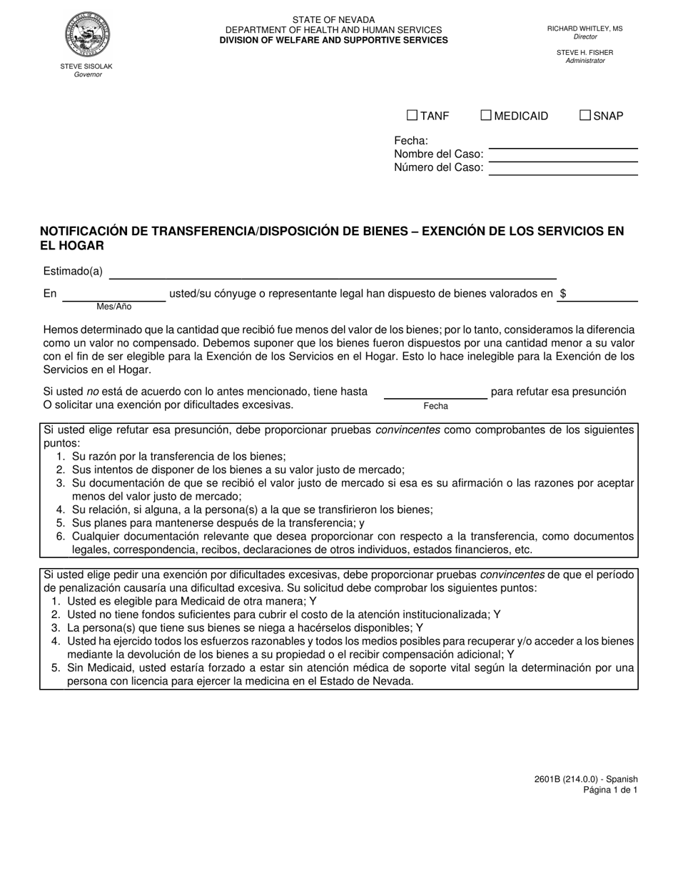 Formulario 2601B Notificacion De Transferencia / Disposicion De Bienes - Extencion De Los Servicios En El Hogar - Nevada (Spanish), Page 1