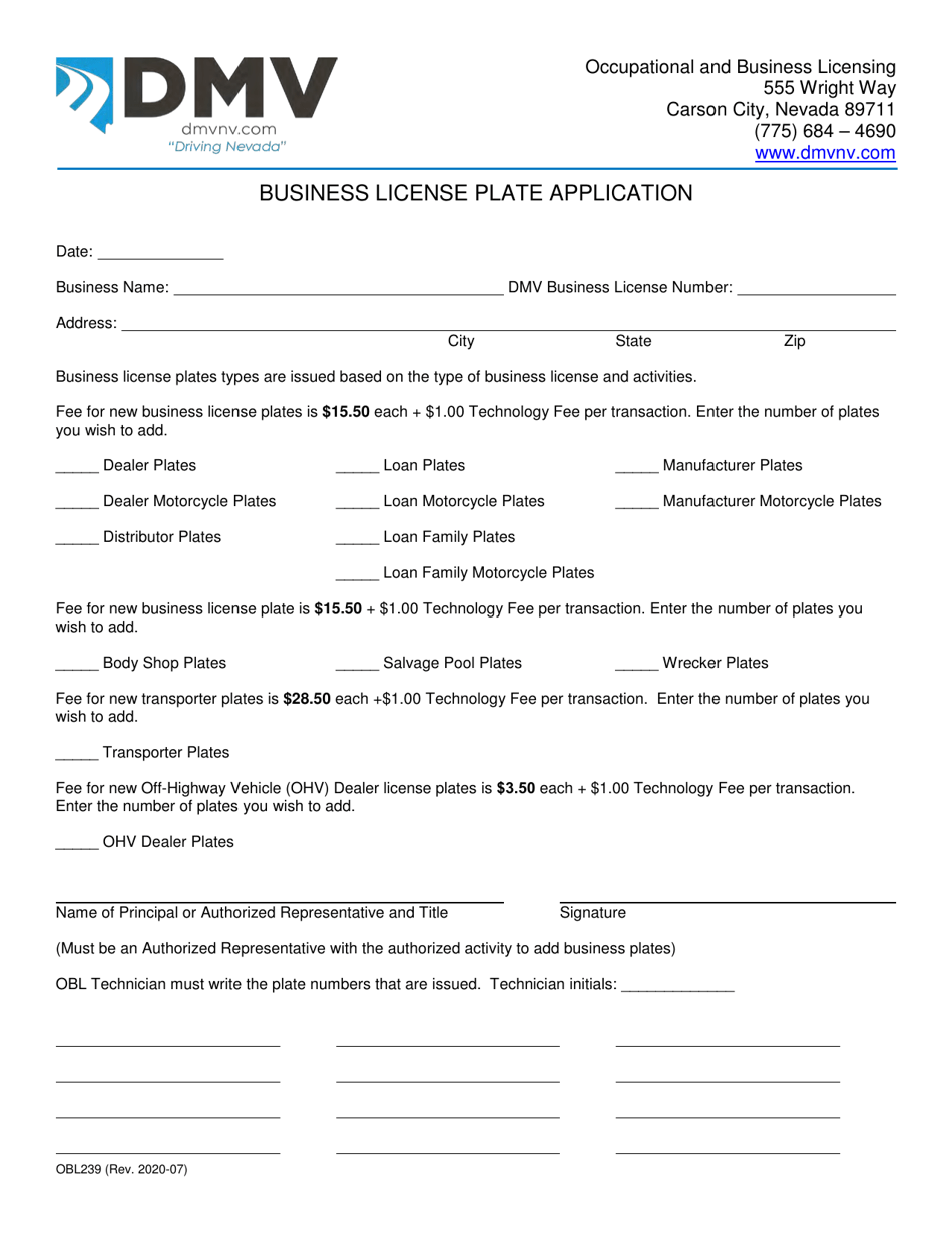 Form OBL239 Business License Plate Application - Nevada, Page 1