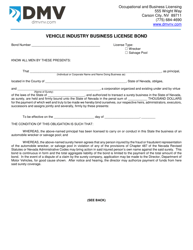 Form OBL262 Vehicle Industry Business License Bond - Nevada