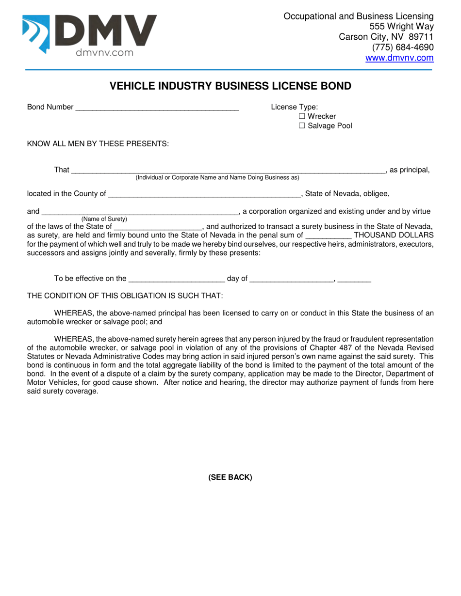 Form OBL262 Vehicle Industry Business License Bond - Nevada, Page 1