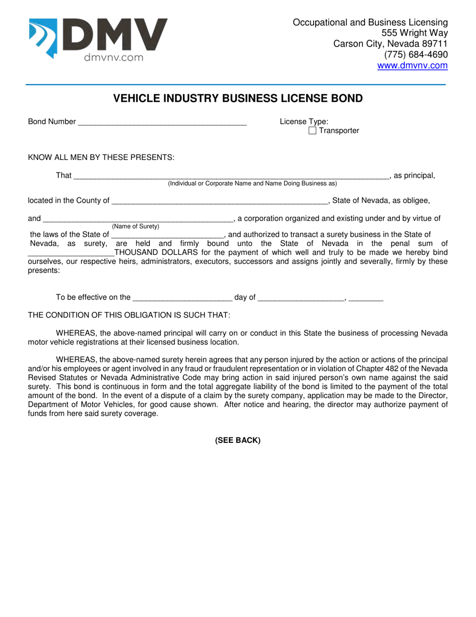 Form OBL332 Vehicle Industry Business License Bond - Transporter - Nevada, Page 1