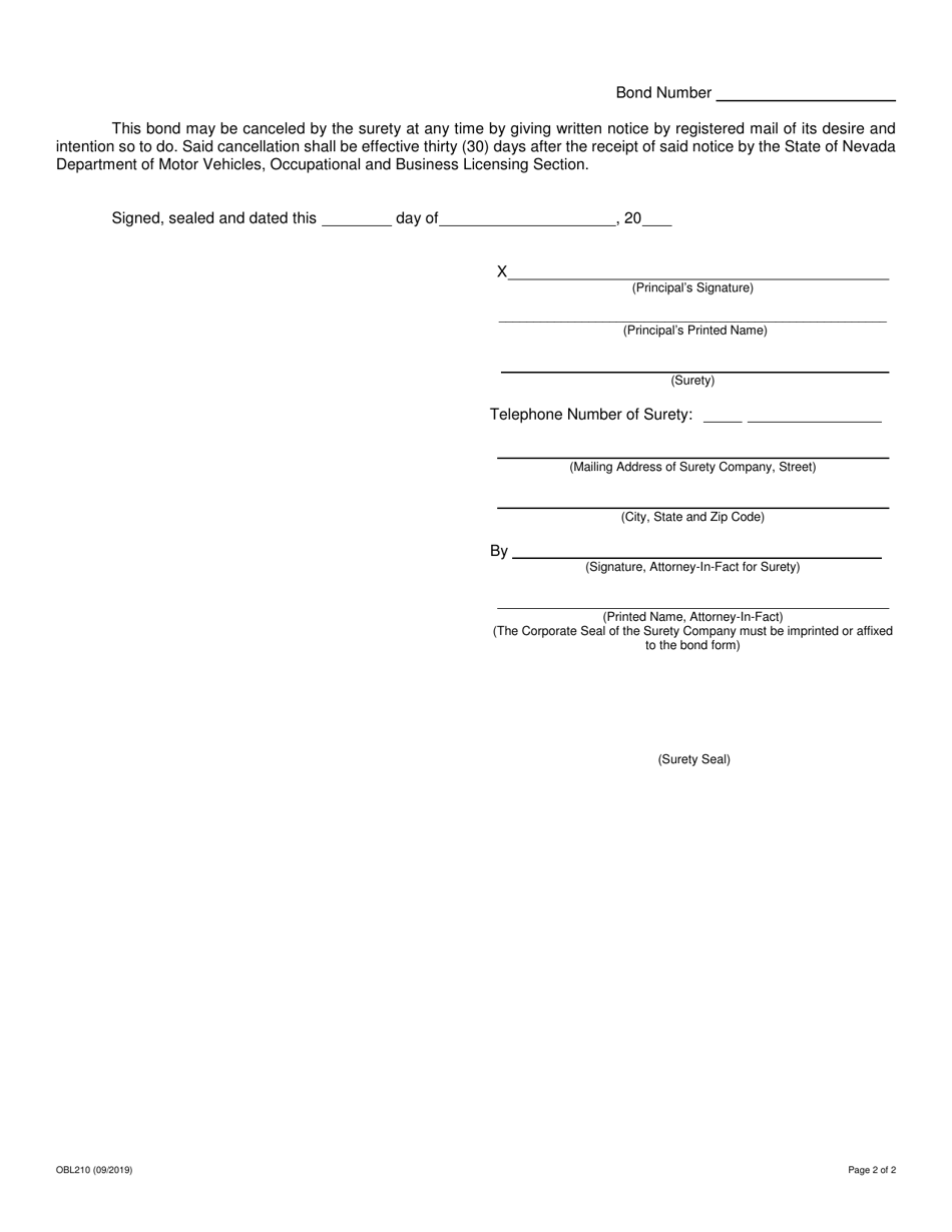 Form OBL210 Vehicle Industry Business License Bond - Nevada, Page 2